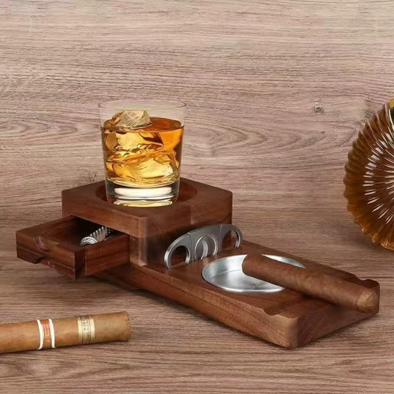 KeYi Holz-Zigarrenaschenbecher in Braun mit Whiskyglashalter, Stahlschlitz und Schublade - Bild 5