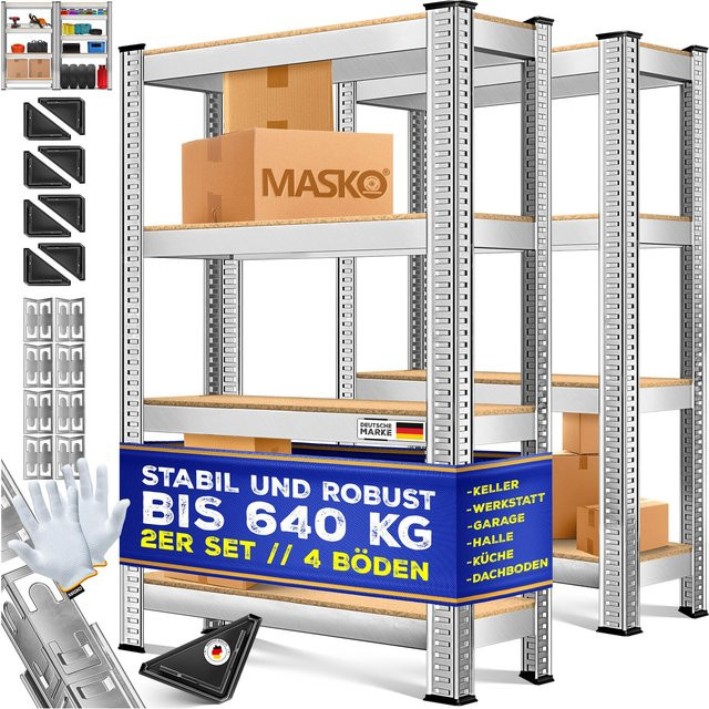 MASKO 2er-Set Schwerlastregal aus Metall mit verstellbaren MDF-Platten in Silber für Keller, Garage und Werkstatt - Bild 1