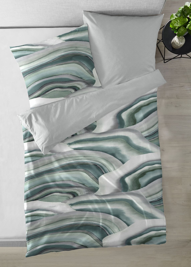 Prinz Waves 243223 Mako-Satin Bettwäsche Set aus Baumwolle mit Kissenbezug, Grafik Design, Reversibel, Farben: Grün, Pink, Blau, B/H: 135 x 200 cm, Kissenbezug: 80 x 80 cm - Bild 1