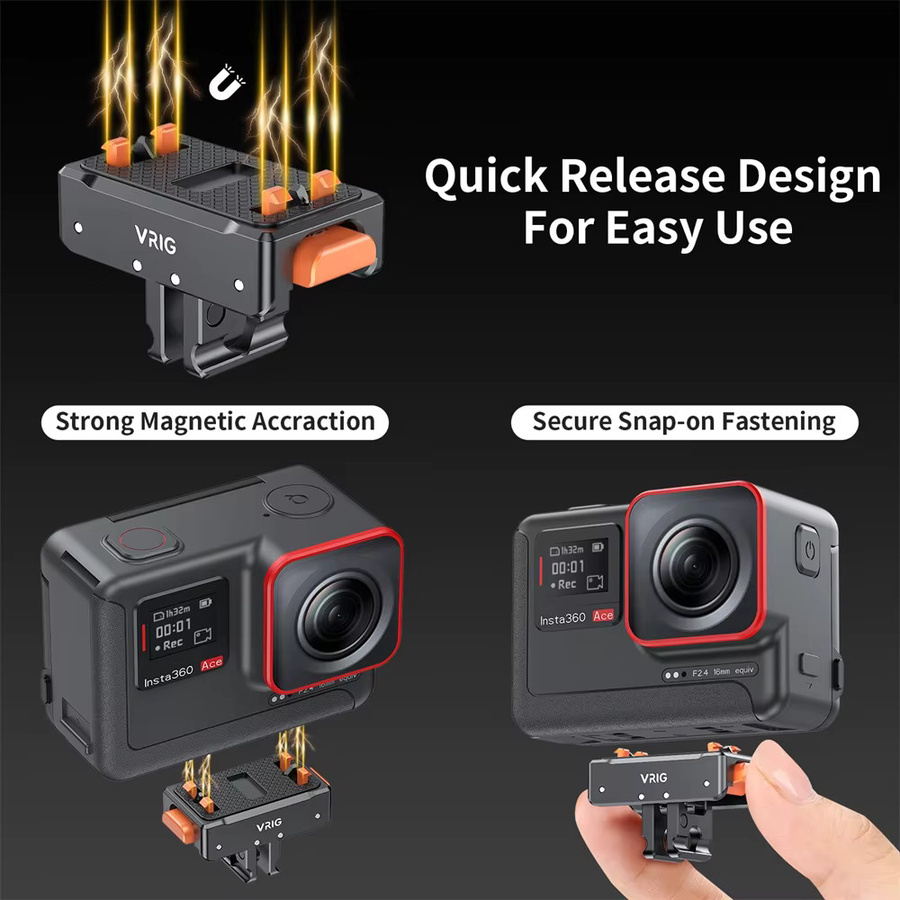 VRIG Magnetische Schnellwechsel-Adapterbasis für GoPro 12 11 10 und Insta360 Ace Pro ONE X2 Action-Kameras, Farbe: Schwarz - Bild 2