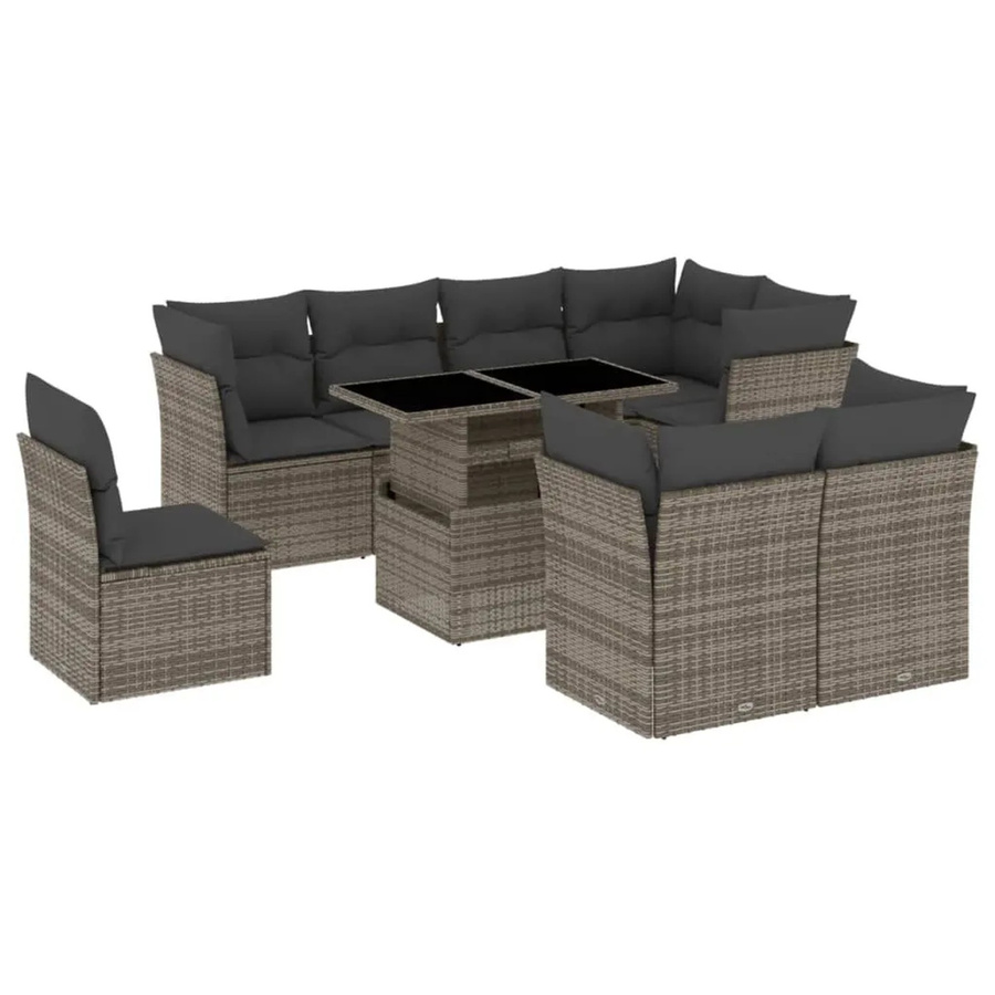 vidaXL 9-tlg Garten-Sofagarnitur aus Poly-Rattan in Grau mit Kissen und Gartentisch - Bild 2