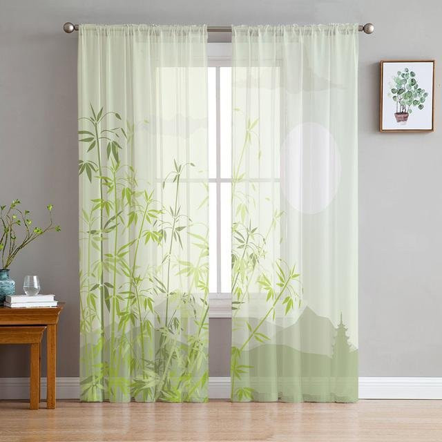 Transparenter Tüll-Vorhang von A Family Of Home Textiles mit grünem Bambusblatt-Design, Farbe Grün, B/H: 135 x 244 cm - Bild 1