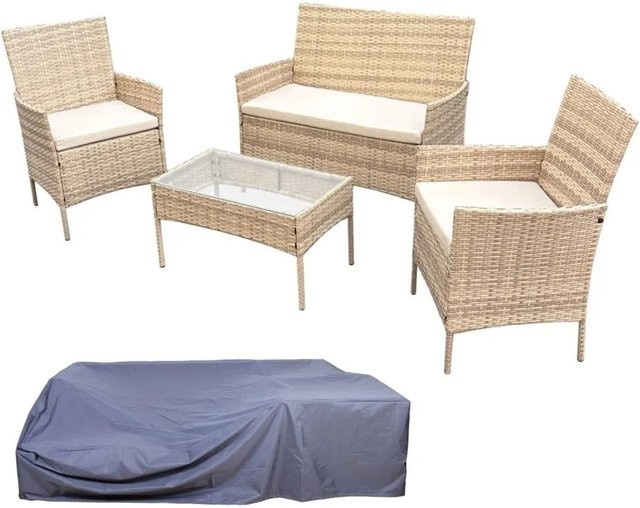 SVITA BROOKLYN Gartenlounge Set 4-tlg. aus Polyrattan in Beige mit Polsterkissen und Abdeckhaube - Bild 1