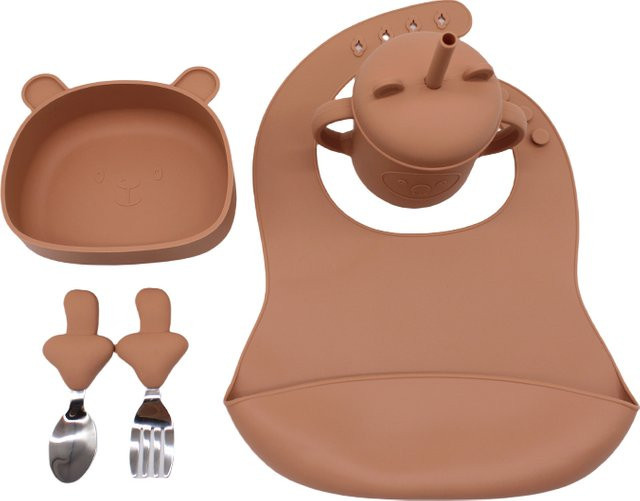 Bneseus Baby-Ergänzungsbesteck Set mit Esslätzchen und Übungsschüssel mit Saugnapf in Beige und Braun - Bild 1