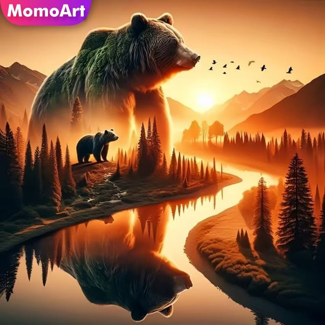 Momoart 5D Diamant-Stickerei Bär Tierbild Sonnenuntergang mit runden Diamanten als DIY Wanddekoration, Mehrfarbig, Breite: 20 cm, Höhe: 20 cm - Bild 1