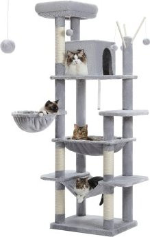 Pawz Road Kratzbaum für Katzen in Grau mit Sisalstamm, Hängematte, Höhle und integriertem Spielzeug, Höhe: 175 cm - Bild 1