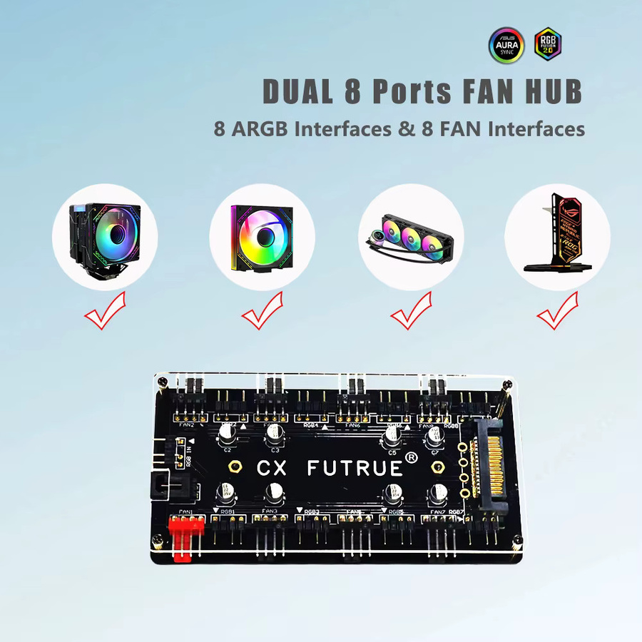 AuyiHomu Computer-Gehäuse-Lüfter-Hub in Schwarz mit 8 PWM- und ARGB-Anschlüssen (12V 4-Pin und 5V 3-Pin) - Bild 3