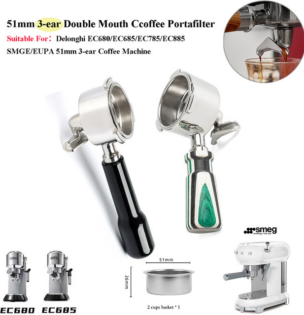 Delonghi Modifizierter 3-Ohr-Doppelmaul-Espresso-Siebträger mit 2-Tassenkorb, 51 mm, Silber - Bild 1