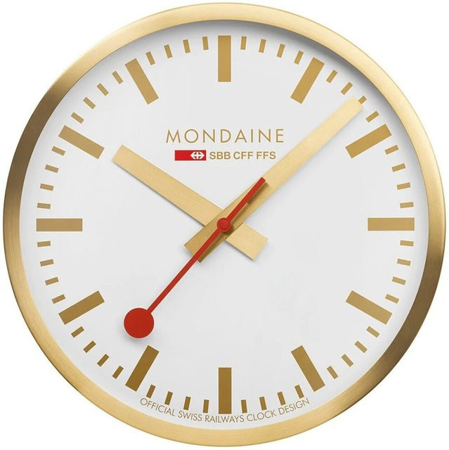 Mondaine A990.CLOCK.18SBG Wanduhr in Gold und Weiß, rundes Design mit Quarzwerk aus Metall, Durchmesser: 25 cm - Bild 1