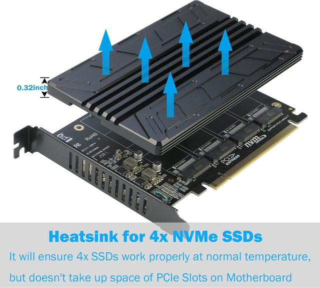 RIITOP 4-Port NVMe PCIe-Adapter zur Erweiterung von M.2 SSDs (2280/2260/2242/2230) mit Kühlkörper, Farbe: Schwarz - Bild 1