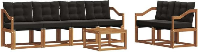 vidaXL Outdoor-Sofagarnitur 7-teilig aus Akazienholz und Textilene in Natur und Schwarz mit Kissen und Tisch - Bild 1