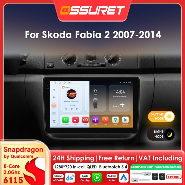OSSURET 8 Core Android 14 Autoradio für Skoda Fabia 2 (2007-2014) mit Carplay, GPS, 360 Cam und Multimedia-Player in Schwarz - Bild 1