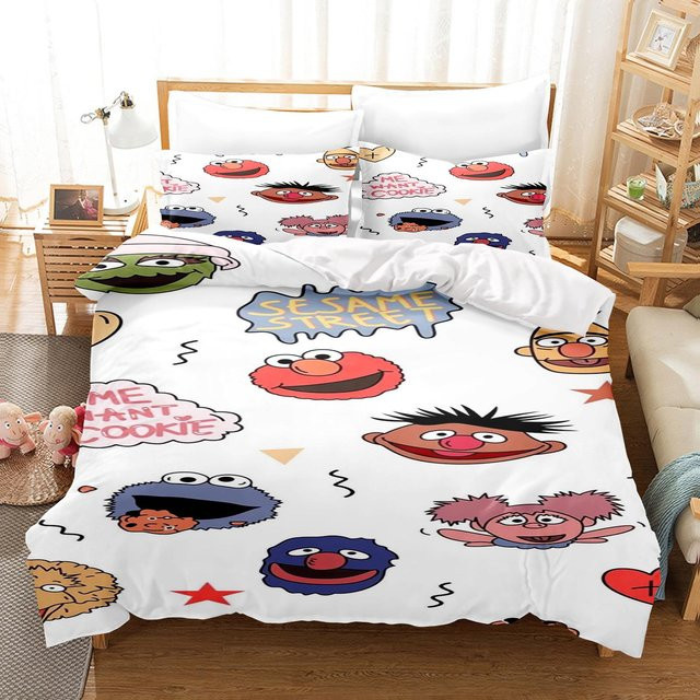 Gu Tao 3-teiliges Bettwäsche-Set Sesamstraße Anime Design aus Polyester, Weiß, B/H: 210 x 210 cm - Bild 1