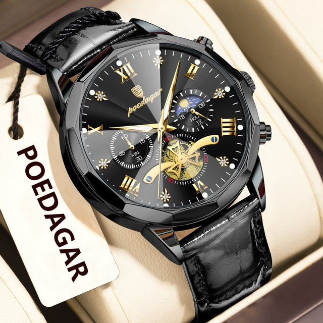 POEDAGAR Armbanduhr Chronograph, Quarz, Leder, Schwarz, Herren - Bild 1
