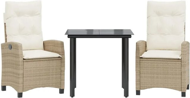 vidaXL 3-teilige Garten-Essgruppe aus Poly Rattan mit Glasplatte und Kissen in Beige und Cremeweiß - Bild 1
