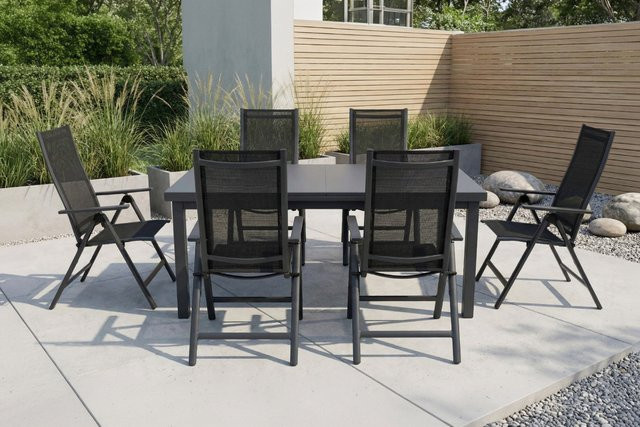 OUTFLEXX Garten-Essgruppe für 6 Personen mit ausziehbarem Tisch aus Aluminium, Textilene und Einscheibensicherheitsglas in Anthrazit, Grau und Schwarz - Bild 1