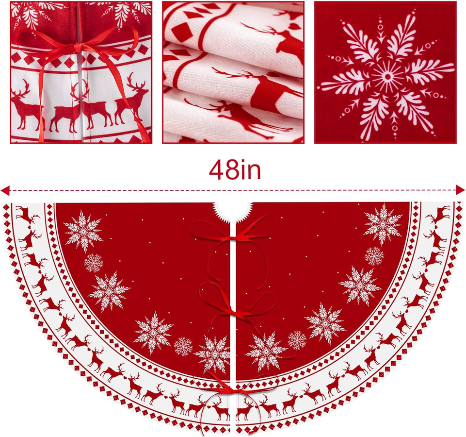 VIKAMA Weihnachtsbaummatte mit Schneeflocken und Rentier Design in Rot, runde Textil-Deko für Weihnachten und Neujahr - Bild 4