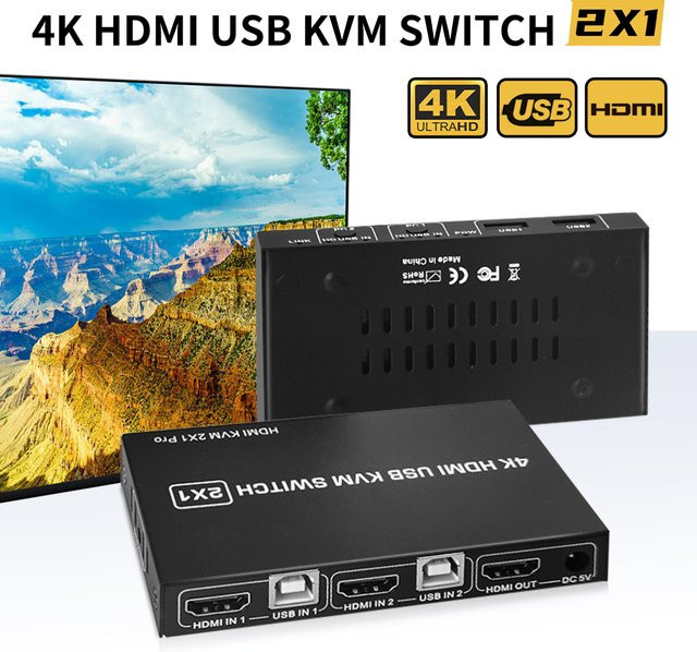VBDWRM USB HDMI KVM Switch 2-in-1 für Dual PC und Laptop, 4K UHD 60Hz, Schwarz - Bild 1