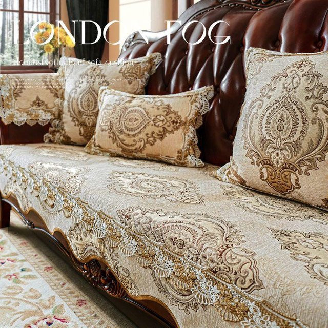 Binchi Sofabezug aus Chenille-Jacquard mit Wellenkante und Spitze, rutschfest, Schwarz, B/T/H: 48 x 55 cm - Bild 1