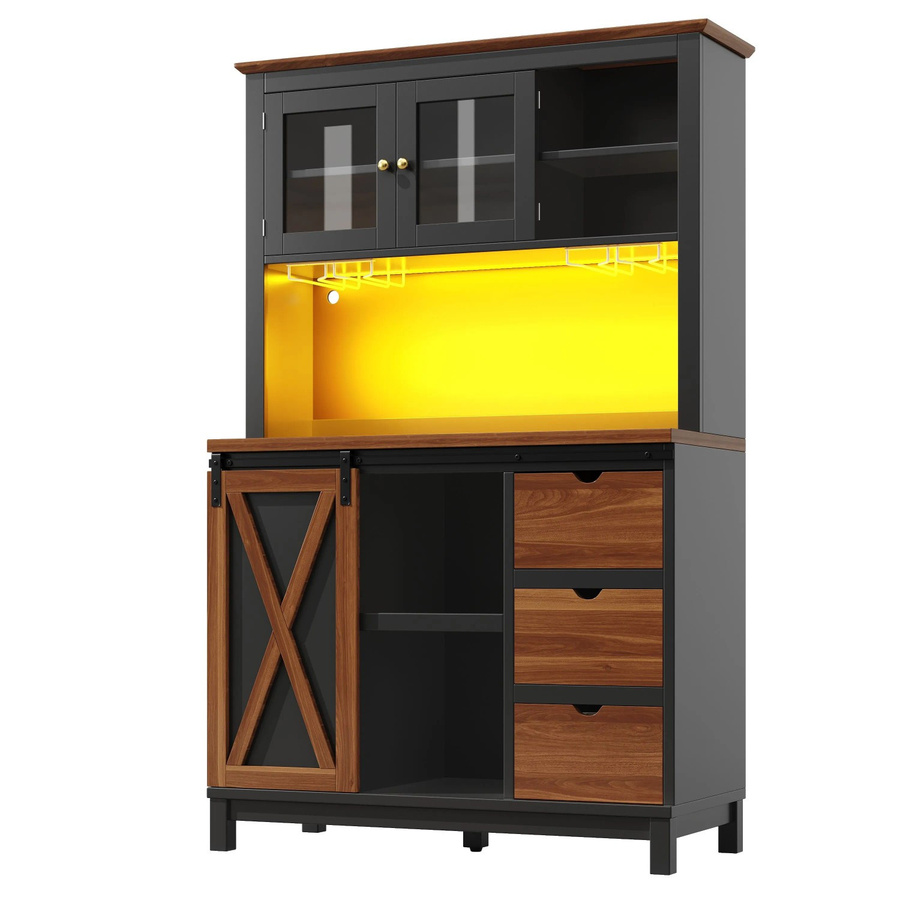 Merax Hochschrank in Schwarz mit LED-Beleuchtung, Schiebetüren und Schubladen, H: 180 cm, B: 52 cm, T: 40 cm - Bild 2