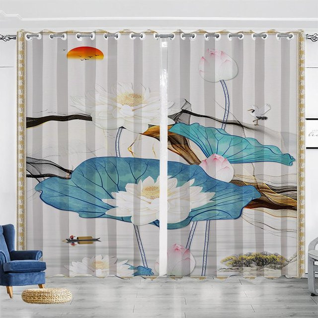 Yiran Furniture Schattenvorhang im chinesischen Stil mit Lotos-Motiv und Digitaldruck, halbtransparent, Mehrfarbig, Breite: 100 cm, Höhe: 130 cm - Bild 1