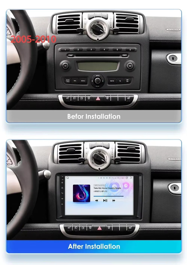 OSSURET Android Auto Autoradio mit Wireless CarPlay, GPS, Bluetooth und Wi-Fi für Smart Fortwo, Schwarz, 2 DIN - Bild 2