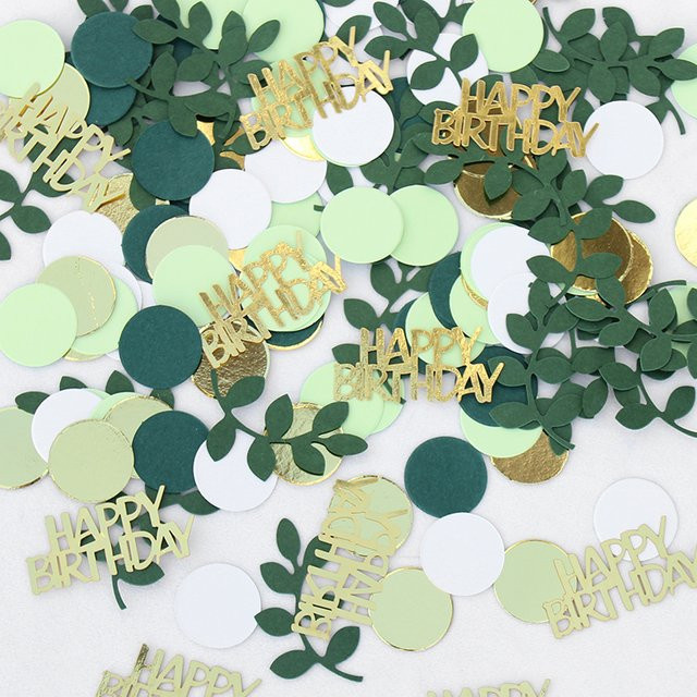 VRISE Geburtstagsparty Konfetti aus Papier, 120 Stück, Gold und Grün, Kreisförmiges Design mit Blättern und Alles Gute zum Geburtstag Schriftzug - Bild 1