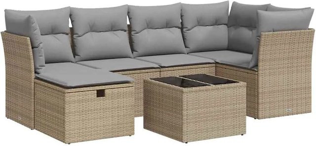 vidaXL 7-teilige Garten-Sofagarnitur in L-Form mit Kissen und Couchtisch, Beige, Poly Rattan und Metallgestell - Bild 1
