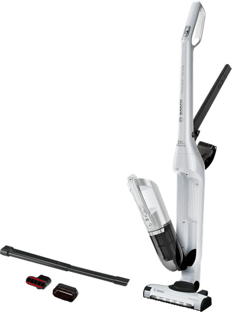 Bosch Flexxo Serie 4 28 V max BBH3ALL28 Akku-Stabstaubsauger in Silber-Weiß mit LED-Scheinwerfer und Parkettbürste, beutellos - Bild 1