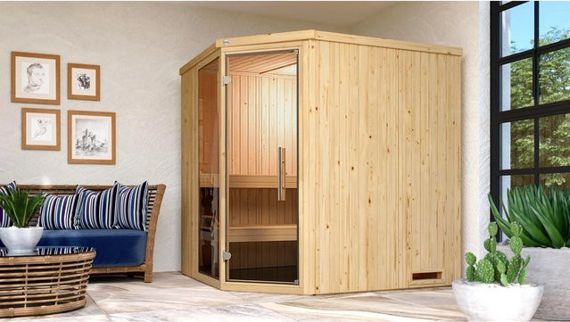 Weka Element-Ecksauna Varberg in Braun mit Glasfenster und 7,5 kW Sparset, B/T/H: 194 x 177 x 199 cm - Bild 1