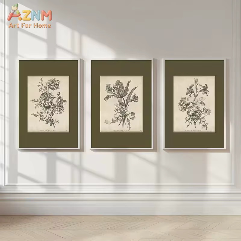 AZNM Vintage Botanische Skizzen Leinwand-Wandkunst mit floralem Blumendruck in Olivgrün - Bild 3