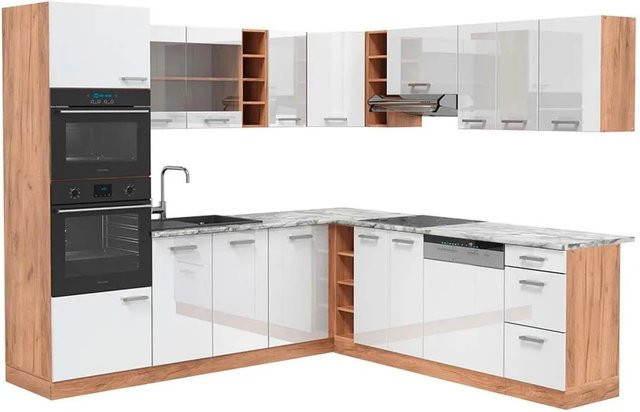 Vicco R-Line Eckküche Weiß Hochglanz und Goldkraft Eiche mit Marmor-Optik B/T/H: 237 x 247 x 81,6 cm - Bild 1