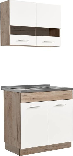 Homestyle4u Küchenzeile modern in Weiß mit Glastüren und Holzmaserung, B/T/H: 80 x 51,5 x 180 cm - Bild 1