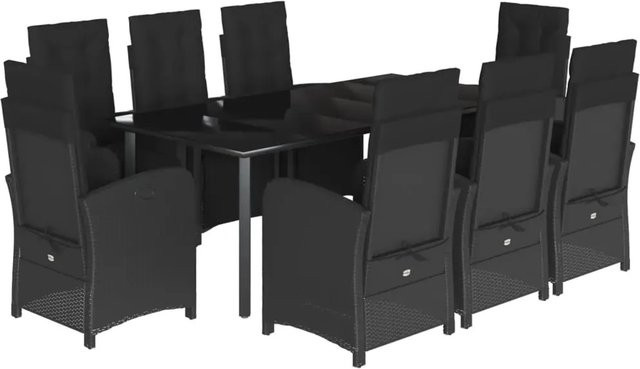 vidaXL 9-teilige Garten-Essgruppe aus schwarzem PE-Rattan mit Kissen und Hartglas-Tischplatte - Bild 1