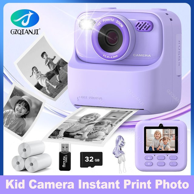 GZQIANJI Sofortdruckkamera für Kinder mit 2,4 Zoll Display und 1080P HD IPS Kamera, Thermodrucker in Lila - Bild 1