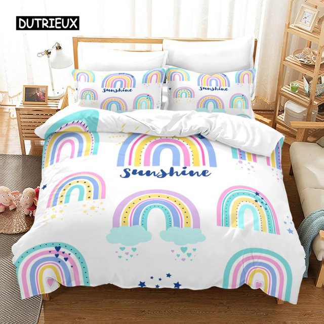 Binchi Outdoor Product Regenbogen Bettwäsche Set für Kinder in Pastellfarben, 3-teilig aus Mikrofaser mit Reißverschluss, B/H: 135 x 200 cm und 155 x 215 cm - Bild 1
