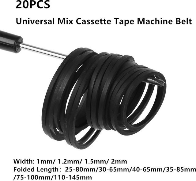 AREOFRGB 20 Stück Universal Mix Kassettenband Maschinen Gürtel Set in Schwarz für Recorder Walkman und CD DVD Laufwerke mit 1,2mm, 1,5mm und 2mm Breite - Bild 1