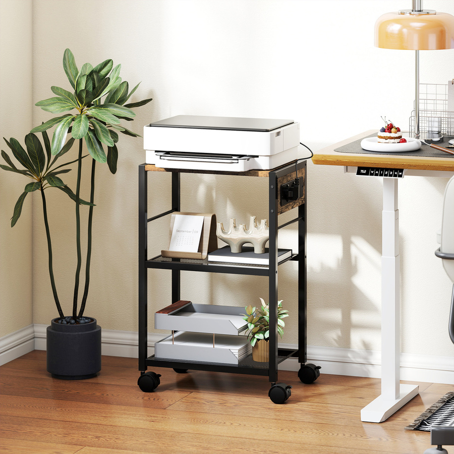 HOMCOM Druckerständer mit Rollen und Steckdosen, Druckeregal mit USB- und USB-C-Anschlüssen sowie Rollcontainer für Büro und Arbeitszimmer, Rustikalbraun, B/T/H: 42 x 28 x 64,5 cm - Bild 2