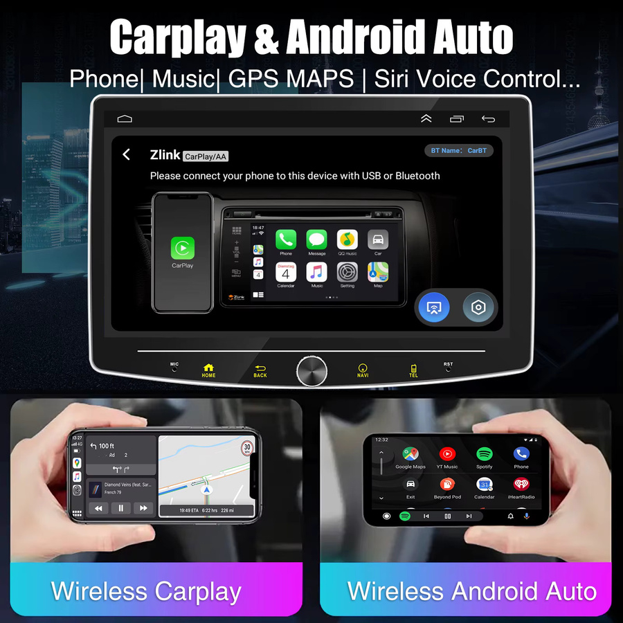 ESSGOO Android 15 Universelles Autoradio mit drehbarem Bildschirm, 1DIN, Kabelloses CarPlay, Bluetooth, WiFi und USB, Schwarz - Bild 4