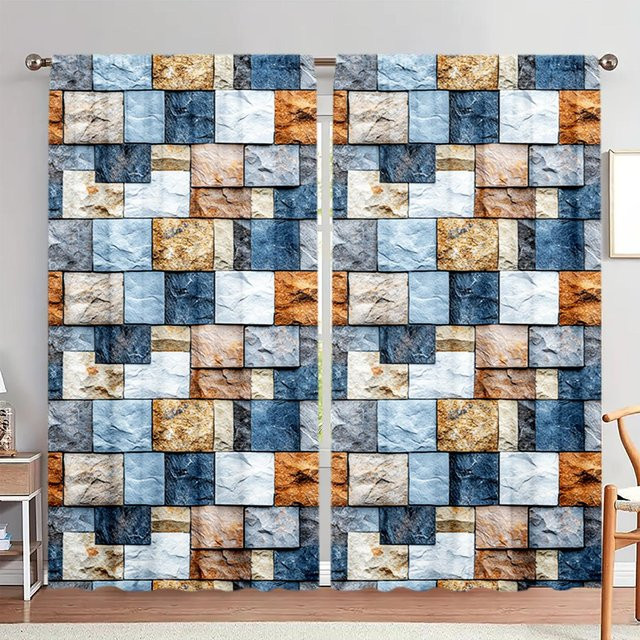 2er-Set dekorative Vorhänge mit Ziegelwand-Print in Grau und Bunt, halbtransparentes Fensterdesign für Schlafzimmer, Büro oder Küche, Breite: 52,5 cm, Höhe: 116 cm - Bild 1