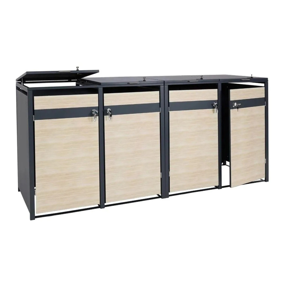MCW 4er Mülltonnenverkleidung J82 Mülltonnenbox aus Metall in Anthrazit mit Buche-Holzoptik Hellbraun, B/T/H: 264 x 117 x 80 cm - Bild 2