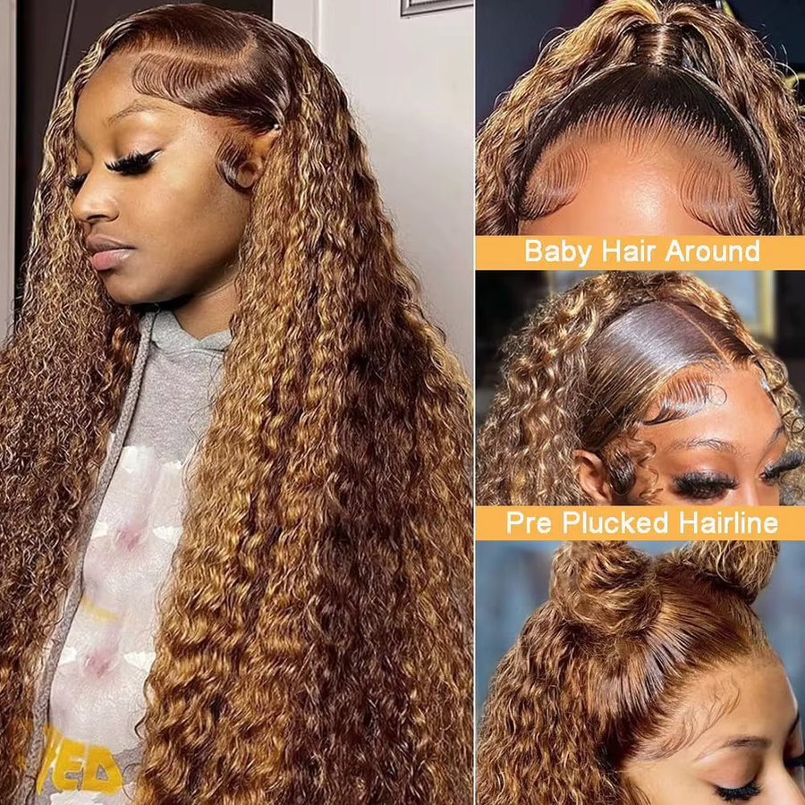 LETMIEO Lace Front Perücke, Echthaar, 30 Zoll, 4/27 Ombre Deep Wave, Honigblonde Lockenperücke - Bild 5