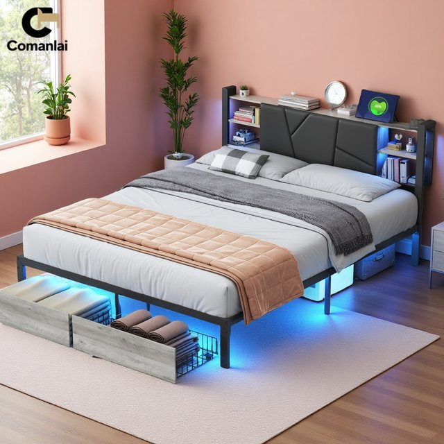 Comanlai Metallbettgestell mit LED-Beleuchtung, 2 Schubladen und USB-Ladeanschluss, modernes Doppelbett mit Lattenrost, B/T/H: 140 x 200 cm - Bild 1