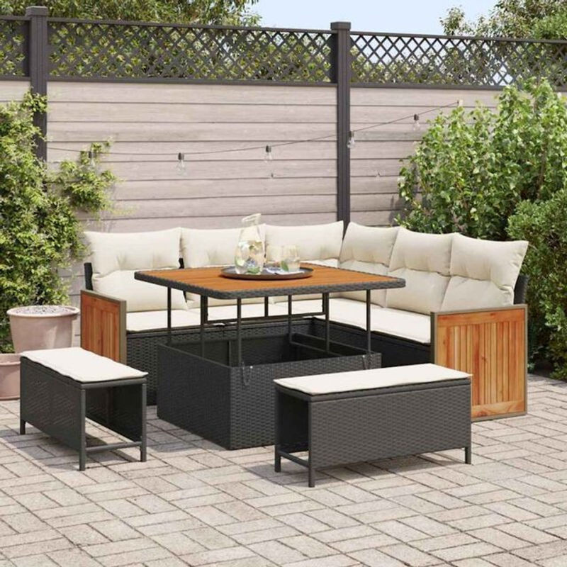 vidaXL Loungemöbel Garten-Sofa-Set aus Polyrattan und Holz, 7-teilig, Schwarz/Beige, B/T/H: 100 x 100 x 71 cm - Bild 1