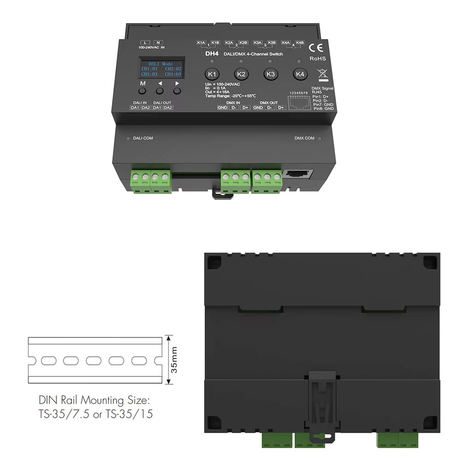 CENFAYA DALI DMX-Schalter mit OLED-Display, 4 Kanäle, 16 A, Trockenkontakt-Ausgang, 4 DALI-Adressen, DMX-RDM, DIN-Schiene, Schwarz - Bild 3