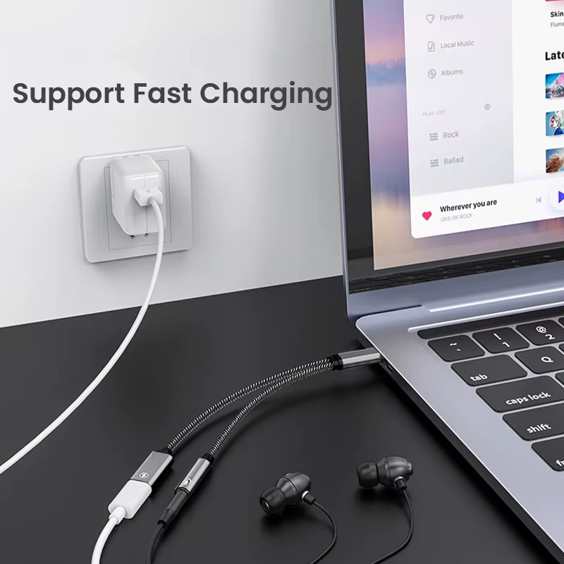 Viesrita 2-in-1 USB-C-zu-3,5-mm-Klinke Audioadapter mit PD 60W Schnellladefunktion in Grau - Bild 3