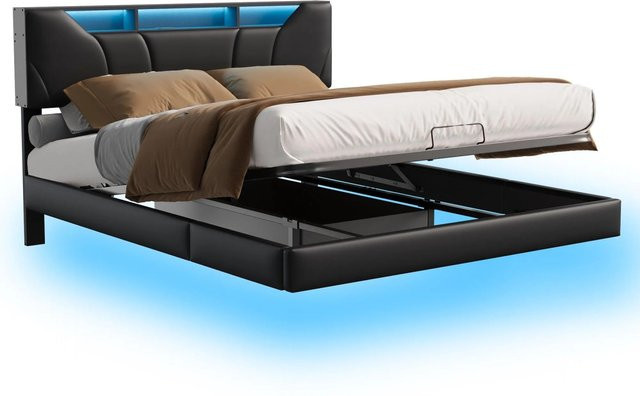 PXloue Polsterbett mit LED, Stauraum und USB-Anschluss in Schwarz aus Kunstleder, B/T: 160 x 200 cm - Bild 1