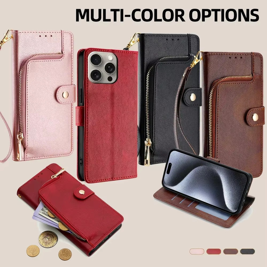 Leder-Handyhülle mit Reißverschluss und Lanyard als Brieftasche und Flip Cover für iPhone Modelle in Schwarz oder Braun - Bild 6