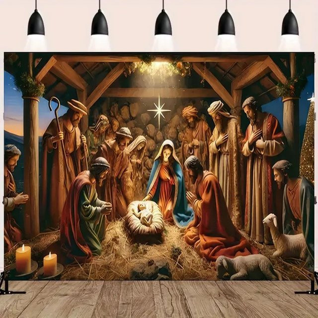 VIKAMA Religiöse Wandkunst Sternennacht Krippenszene als abstrakte Malerei in Mehrfarbig - Bild 1