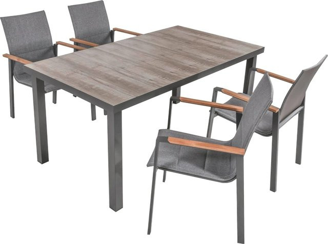 DELUKE Garten-Sitzgruppe FALK 5-tlg. in Teaktelgrau mit Keramik-Esstisch und Stapelstühlen aus Teakholz und Aluminium - Bild 1
